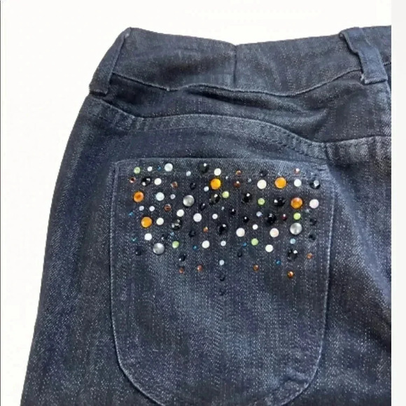Chicos Blue Denim Jeans flair Cropped Platinum sequin jeweled Pockets - Picture 4 of 15